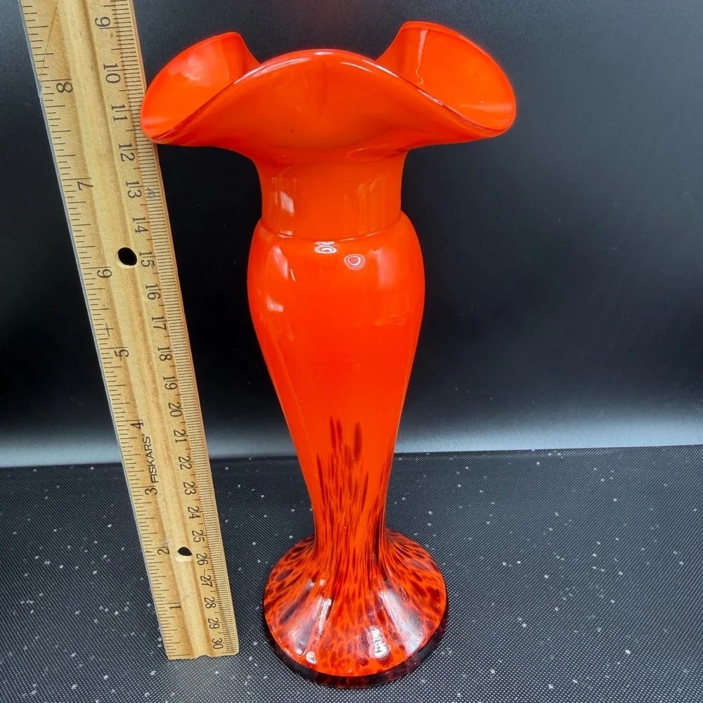 Vintage Czech Art Glass Ruffled Vase Orange Bohemian Mid Century Modern 8in